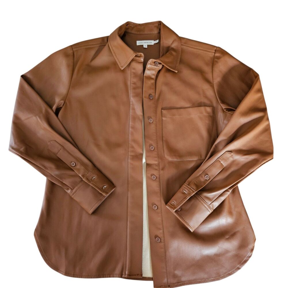 Good American Better Than Leather Button-Up Shirt Jacket Size L Brown Faux Soft - Picture 2 of 11